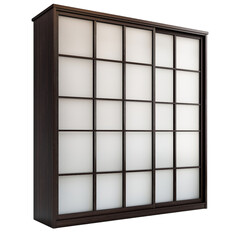 Modern Japanese wardrobe with dark walnut frame and frosted sliding doors, perfect for minimalist interiors.