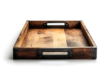 Rustic wooden serving tray with metal handles on white background perfect for presentations