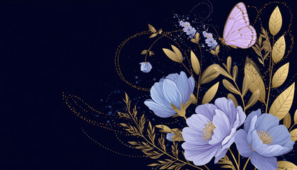 Blue flowers, gold leaves on a dark background