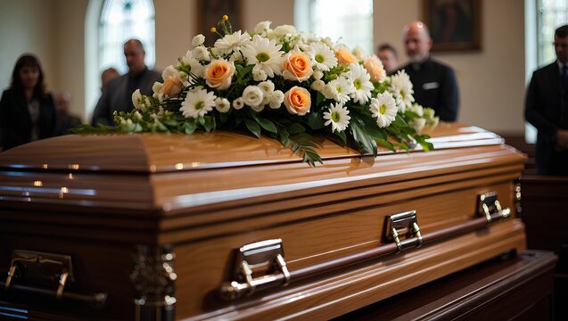 Polished wooden casket decorated with flowers, illuminated by stained glass light during the memorial service with a backdrop of mourners.