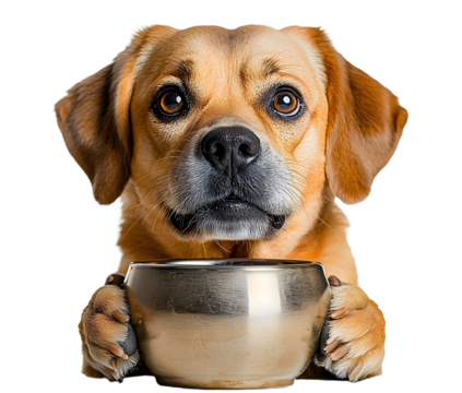 Cute Dog Holding Empty Bowl in Studio Portrait Looking Hungry isolated