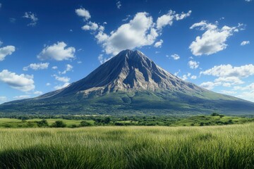Naklejka premium Majestic mountain towering over lush green fields under a bright blue sky