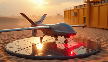 Autonomous flying vehicle hovering above reflective landing pad  