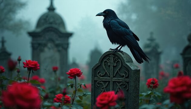 Gothic cemetery scene with raven perched on gravestone surrounded by vibrant red roses. Atmospheric image evokes mystery beauty and a touch of eerie gothic mood, suitable for Halloween designs. - Powered by Adobe