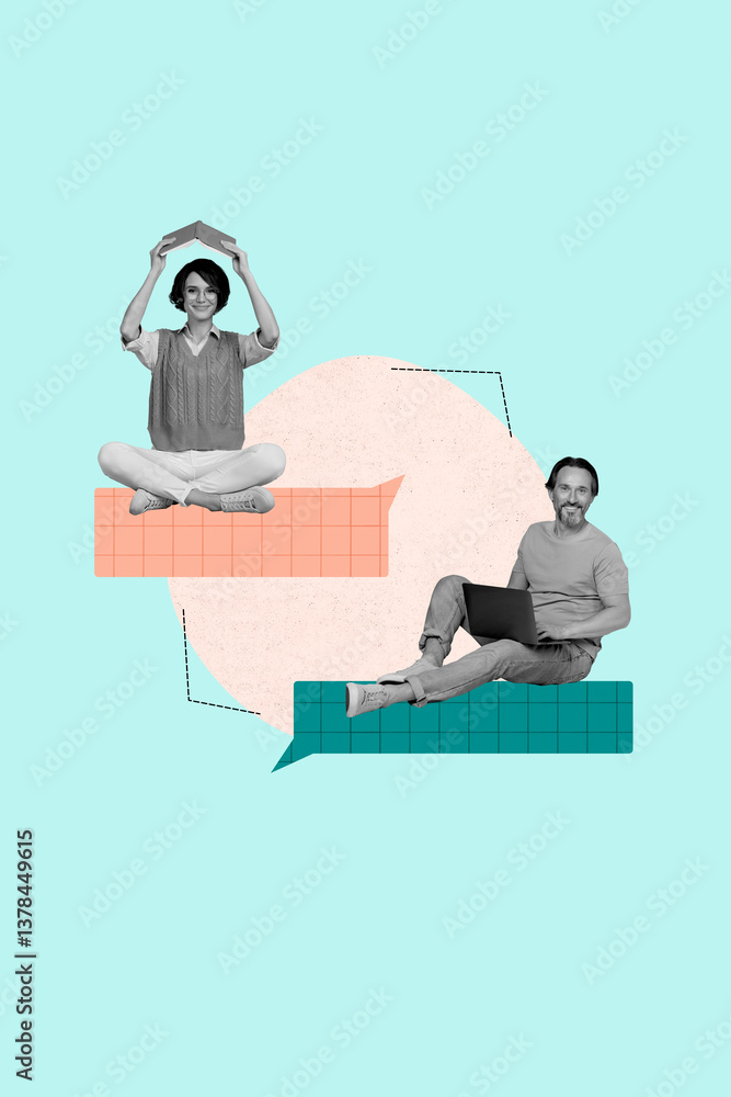 Poster creative image collage of two people man woman using netbook for chatting on blue color background