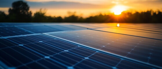 Solar panels reflecting a golden sunset, representing renewable energy and the move toward sustainable alternatives.