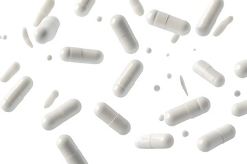 Falling white medicine pills capsule isolated on white background