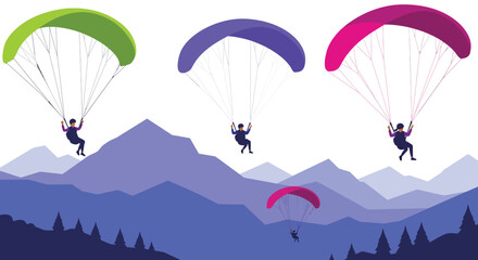Obraz premium Paragliders soaring above mountains in colorful design style flat vector art