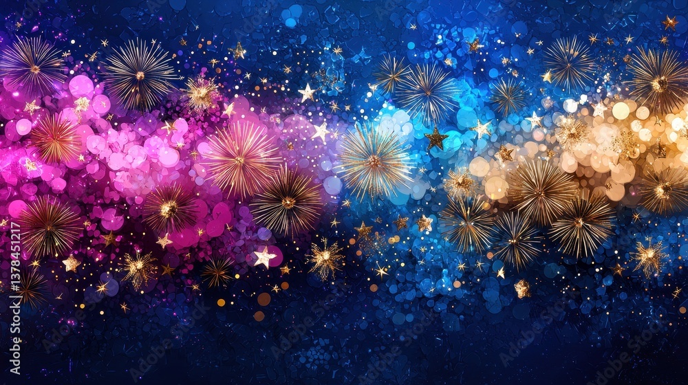 Poster mesmerizing fireworks display in warm golden tones with colorful backgrounds and cascading effects