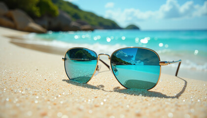 Reflective aviator sunglasses on a pristine sandy beach with turquoise water and lush islands in the background.