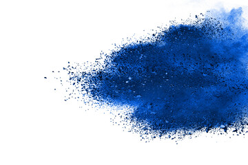 blue color powder explosion isolated on white background. Colored cloud. Colorful dust explode. Paint Holi	