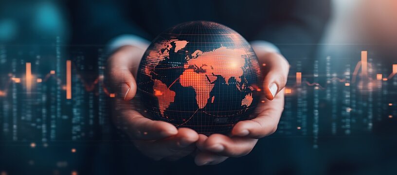 Businessman Touching Virtual AI Bot Interface with Digital Network, Binary Code, Stock Market Graph, and Social Network Connection
