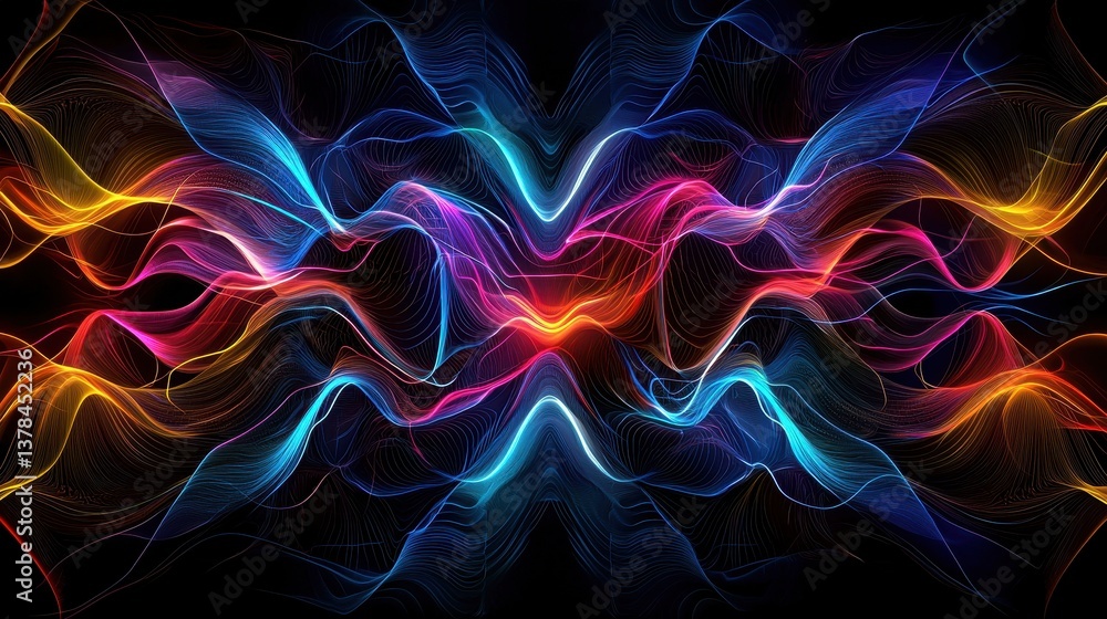 Poster mesmerizing digital art featuring pulsating soundwave patterns in vibrant colors