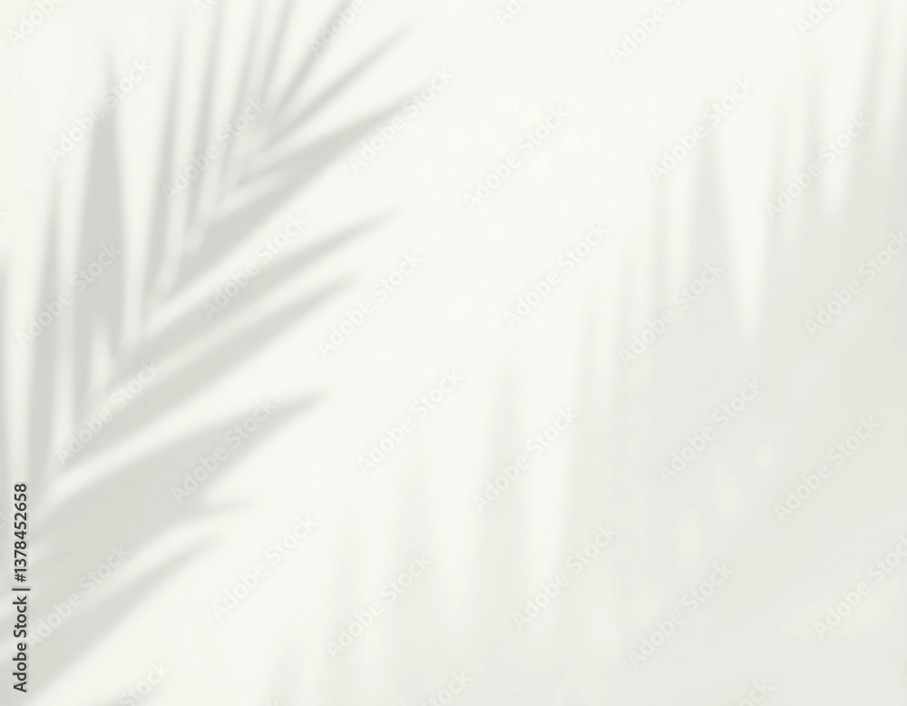 Poster soft shadows from palm leaves create intricate patterns on a pure white background, capturing the es