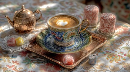 Aromatic coffee, delicate sweets, and vintage tea set
