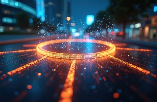 Futuristic digital data flow concept. Illuminated orange blue lights in a circle symbolize speed and connectivity. Information tech, modern interface, tech innovation concept, digital transformation. - Powered by Adobe