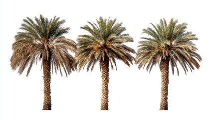 Three date palm trees against a white background.  The palm trees are different shades of brown and green, showcasing varying degrees of health or dryness