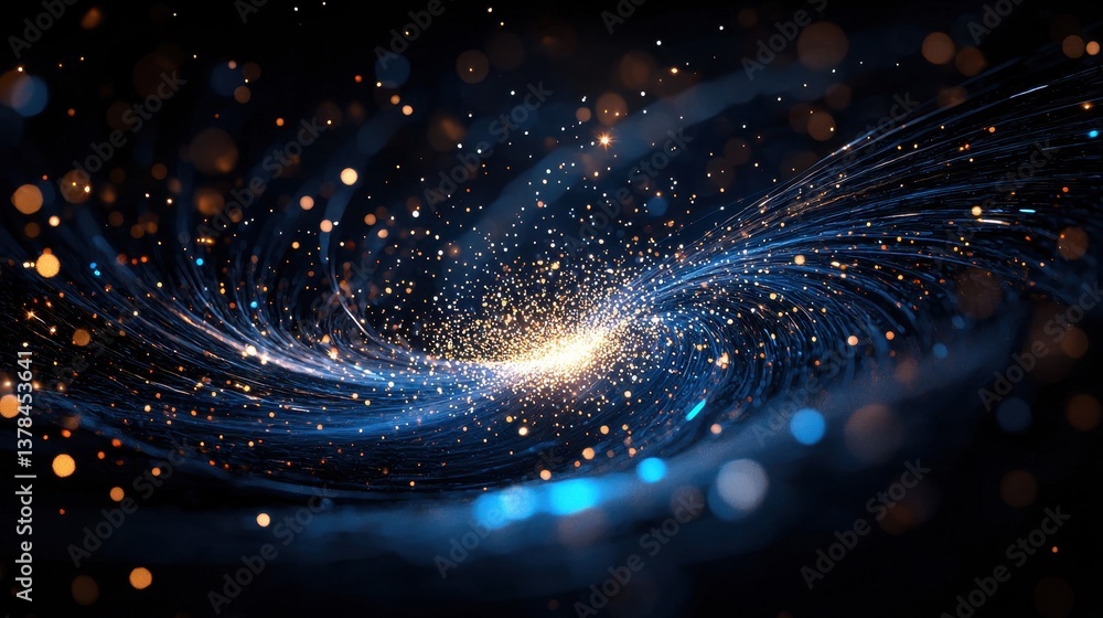 Poster radiant fireworks display over textured dark blue background with sparkling lights and dynamic swirl