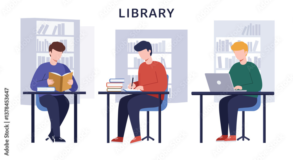 Poster library scene with three students reading, studying, and using laptop in flat vector art