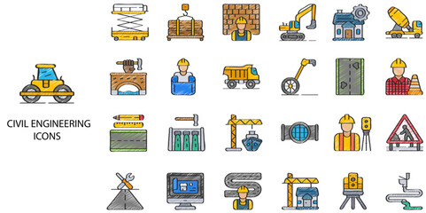 Civil Engineering simple concept 24 hand drawn color icons set. Contains such blueprint, engineer, tools, construction, mechanical, industrial, worker, engine, manufacturing .Vector illustration.