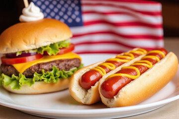 two hot dogs and a hamburger on a plate with an american flag
