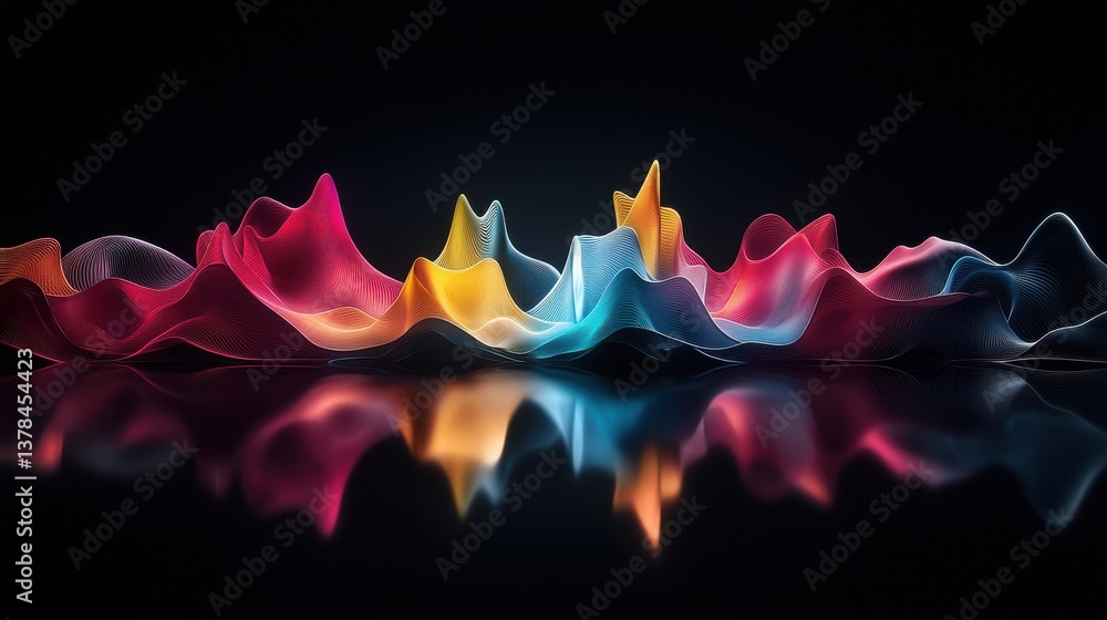 Poster vibrant colorful audio waveform representation with smooth curves and dynamic energy on a dark backg