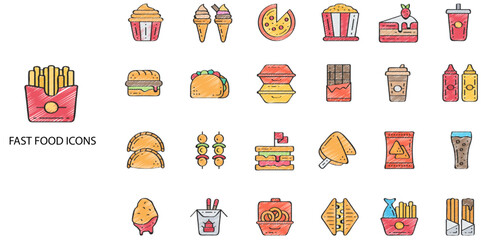 Fast food simple concept 35 Color Hand drawn icons set. Contains such pizza, burger, cake, chicken, fry, Noddle, chicken stick .Vector illustration.