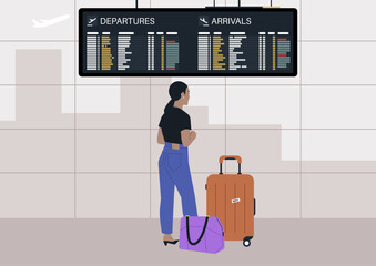 A traveler stands under the airport departure board, checking flight details and feeling anticipation for their journey ahead, Luggage sits by their side, ready for adventure