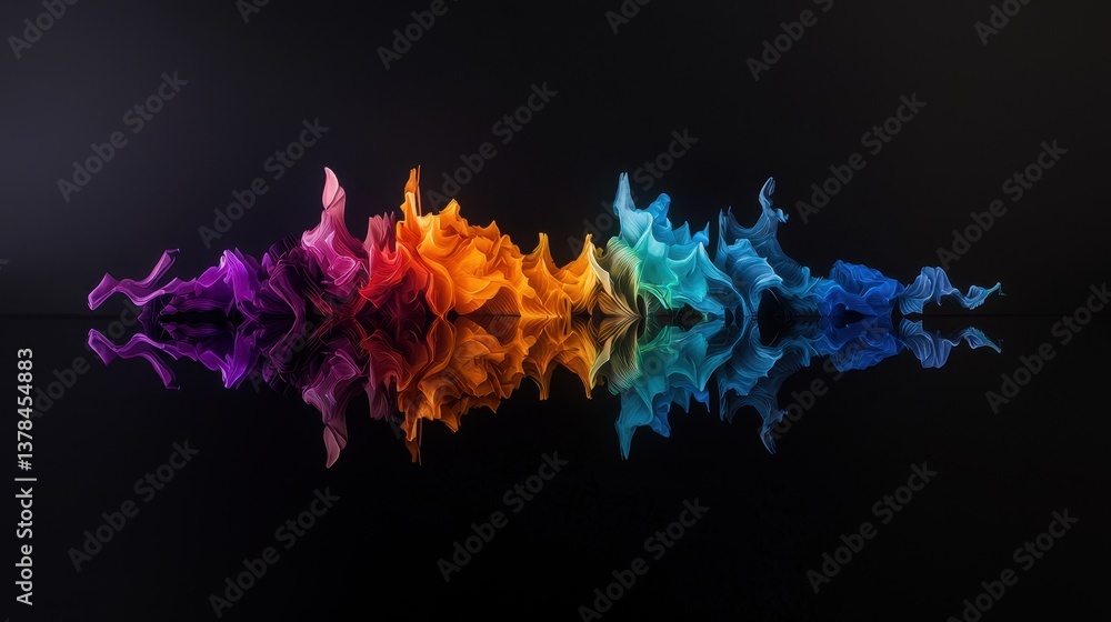 Poster vibrant audio waveform representation with soft fluid patterns and reflections on a dark background
