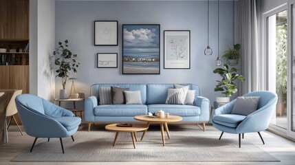 Cozy living space decorated with a soft blue couch and a striking picture