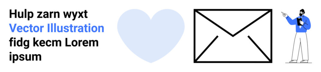 Envelope icon, heart, and professional in blue attire pointing at text block. Ideal for communication, email marketing, business, education, teamwork, customer engagement simple landing page