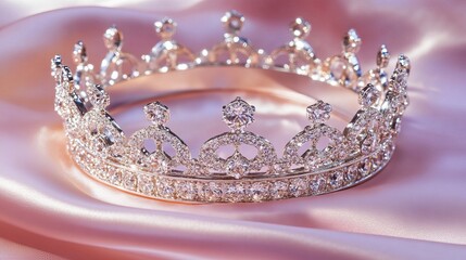 A diamond-studded crown reflecting brilliant light, resting on a silk pink cloth