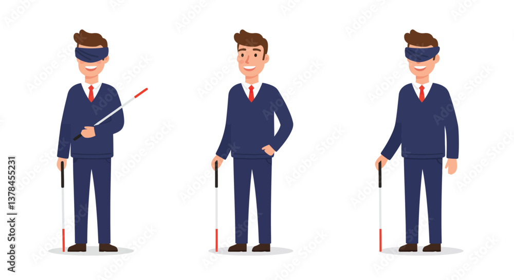 Poster blind man using cane in flat design vector illustration style showcasing three different frames