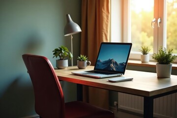 Fototapeta premium Empty chair at desk facing laptop screen, sunlit room, internet, remote