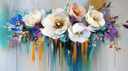 Colorful abstract painting featuring flowers.