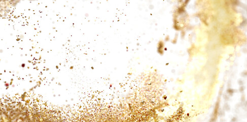 Sparkling gold and red glitter explosion on white. Perfect for festive designs
