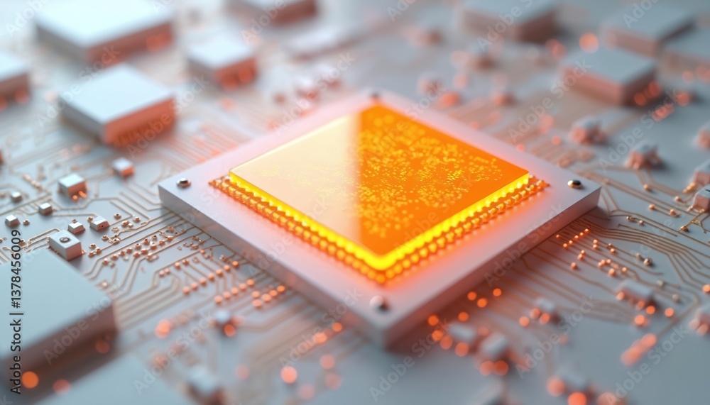 Poster 3d render of computer chip core, orange translucent glass. white background, electronic components. 