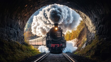 A powerful steam train bursts from a dark tunnel, trailing thick plumes of smoke that swirl into the open sky, evoking timeless adventure.

