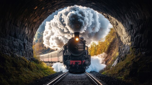 A powerful steam train bursts from a dark tunnel, trailing thick plumes of smoke that swirl into the open sky, evoking timeless adventure.

