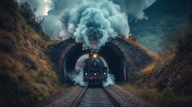 Fototapeta A powerful steam train bursts from a dark tunnel, trailing thick plumes of smoke that swirl into the open sky, evoking timeless adventure.  
