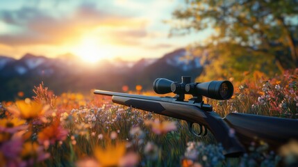 A scoped rifle lies quietly in the grass of a peaceful meadow, blending themes of wilderness, focus, and tradition.

