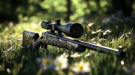 A scoped rifle lies quietly in the grass of a peaceful meadow, blending themes of wilderness, focus, and tradition.

