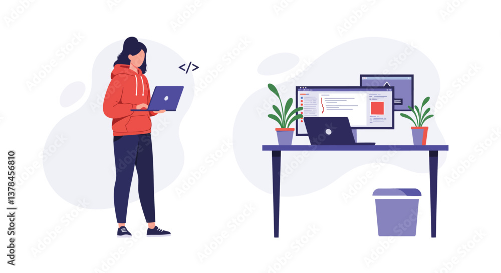 Poster woman coding on a laptop with desktop setup in flat vector art