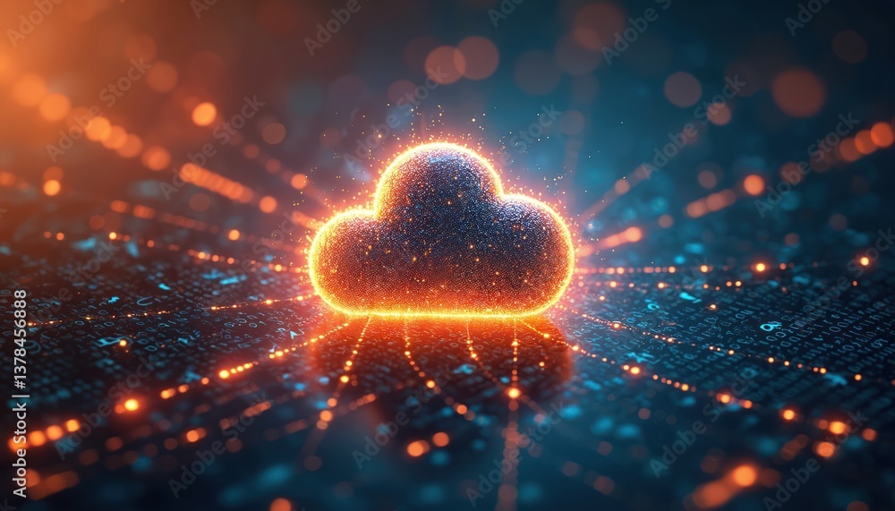 Poster futuristic glowing cloud icon with data streams. cloud computing data storage global tech network, d