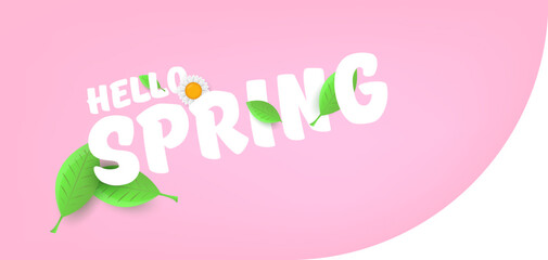 Hello spring pink and white horizontal banner with text and flowers. hello spring slogan or label isolated on pink background. Springtime banner, corner , sticker and header