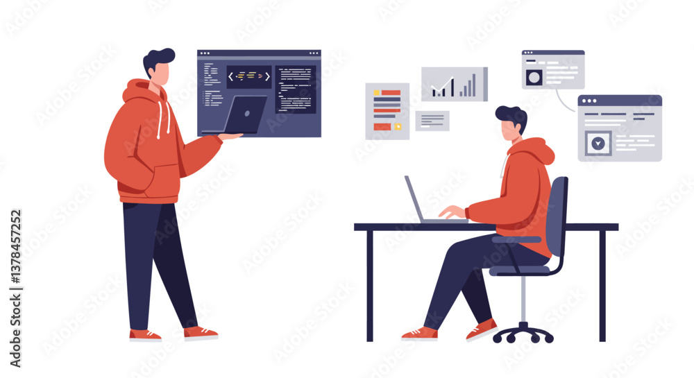 Poster person working on computer with graphs in flat vector illustration style