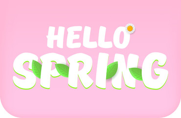 Hello spring pink and white horizontal banner with text and flowers. hello spring slogan or label isolated on pink background. Springtime banner, corner , sticker and header