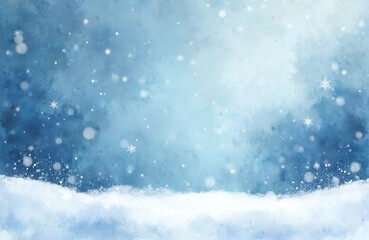 Fototapeta premium Abstract blue winter watercolor background with falling snowflakes. Light blue watercolor paper texture, sky pattern with snow. Watercolor design illustration for Christmas, New Year, holiday
