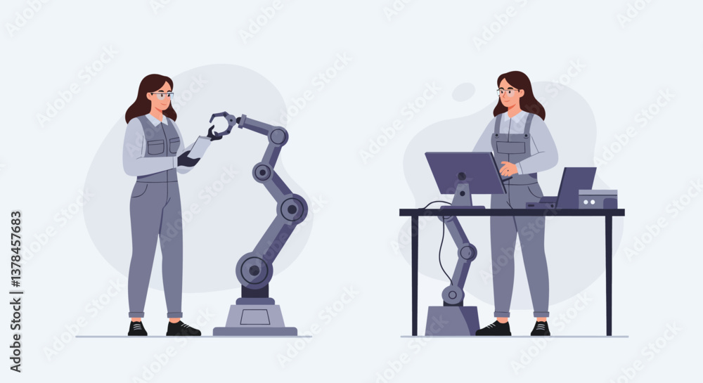Poster robot interaction scene with female engineer in flat vector art