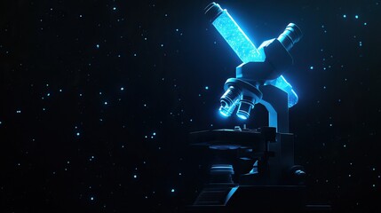 A glowing blue holographic projection of a microscope, floating in a futuristic black space